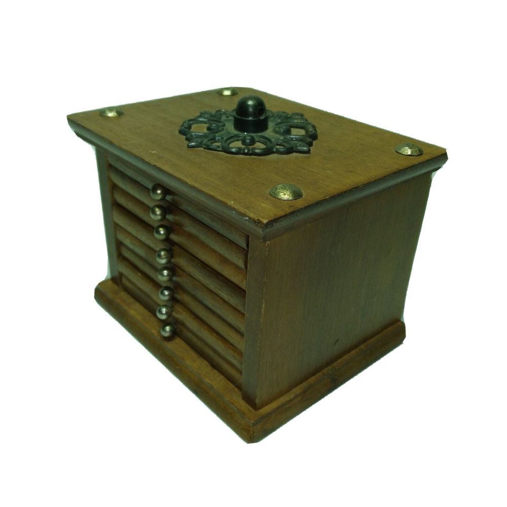Vintage 8 Wooden Cork Coasters Mid Century MCM Set Storage Box Holder